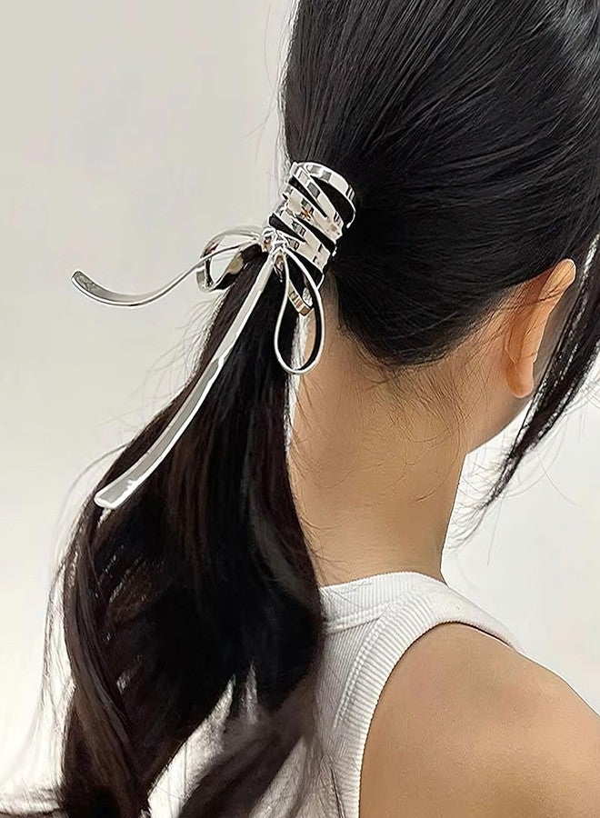 Ylapagne 2 PCS Bow Metal Hair Cuffs Fashionable Silver and Gold Metal Ponytail Cuffs Butterfly Bowknot Medium Irregular Hair Clips for Low Ponytail Holder - Image 2